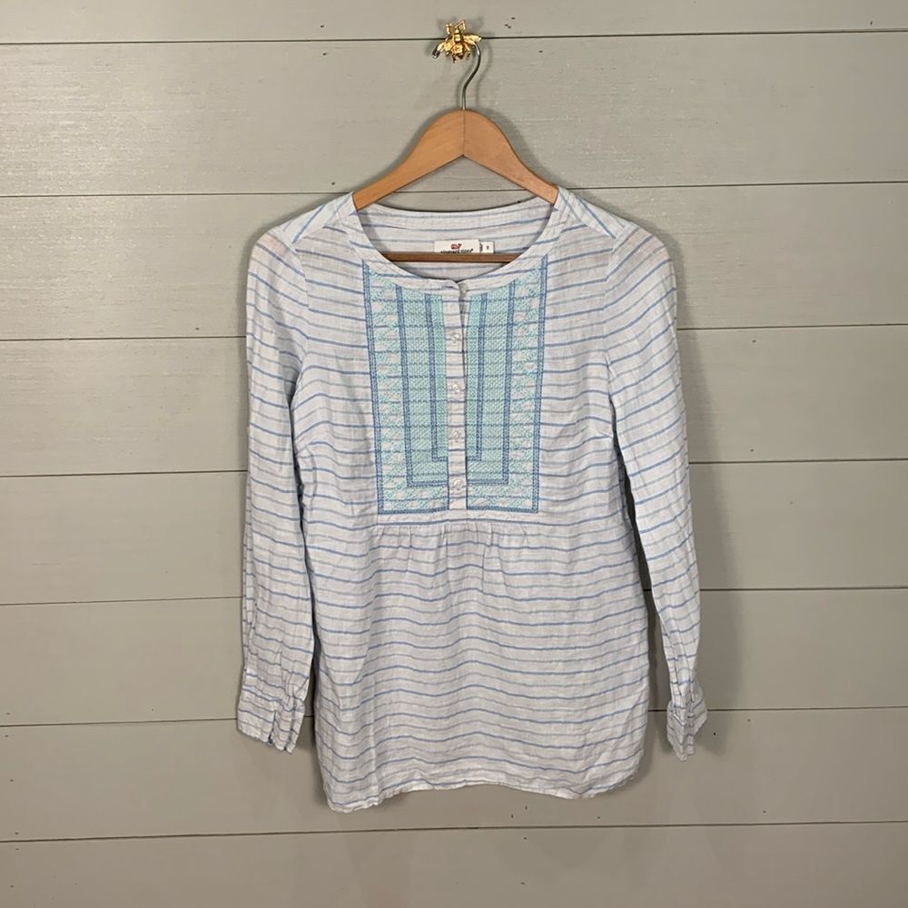 Vinyard Vines linen horizontal striped blue and white tunic embroidered size 0
